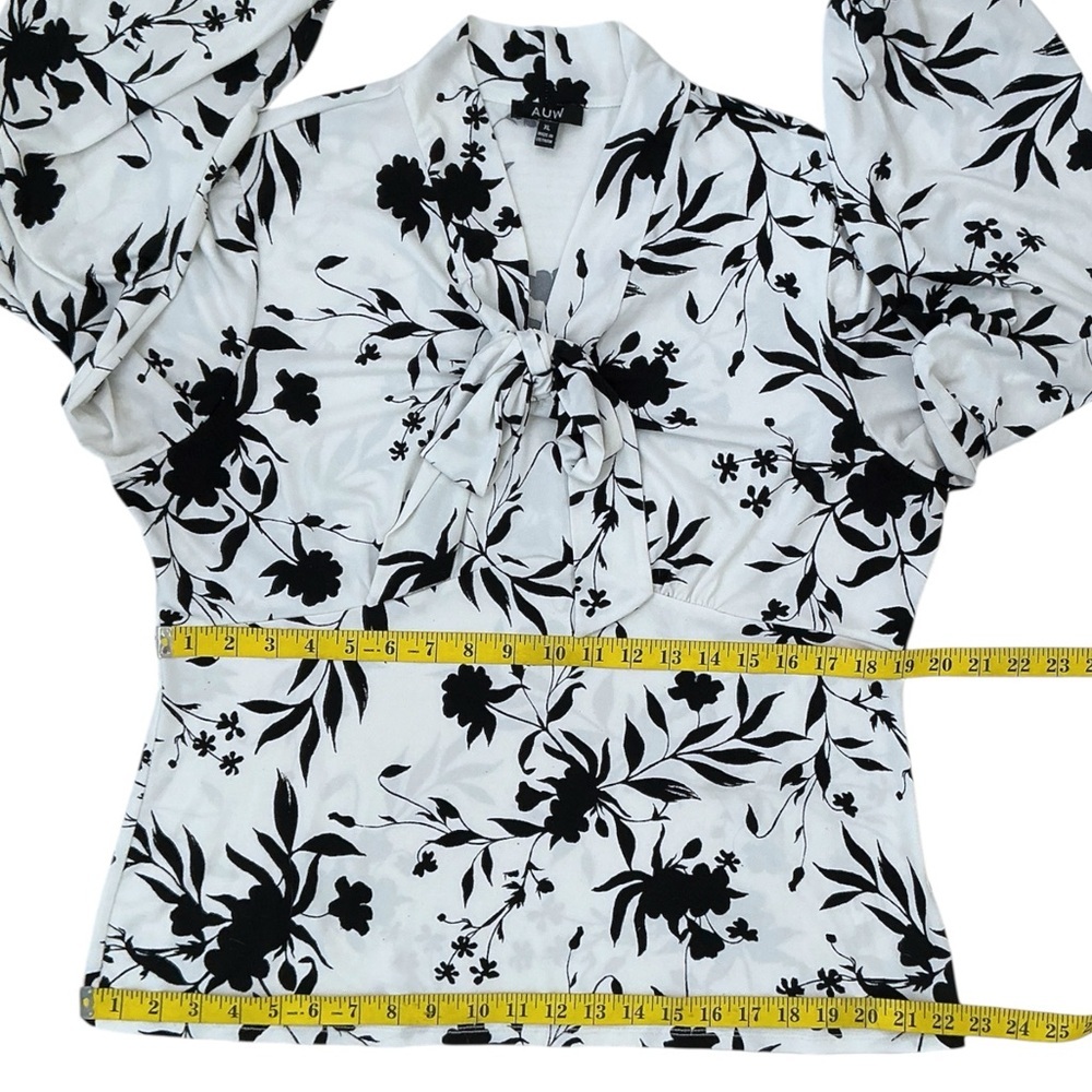 AUW Tie Front Blouse Long Sleeve Bold Floral Black White Women's Top Size XL - Picture 5 of 16